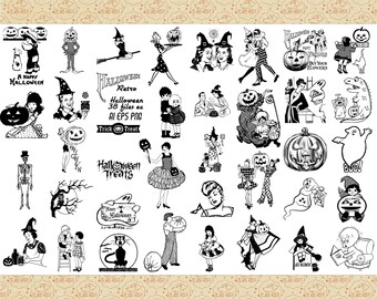 Imágenes prediseñadas retro de Halloween, bruja, fantasma y búho de los años 50 (AI, EPS, PNG)