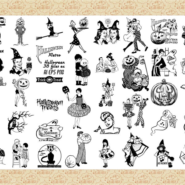 Retro Mid Century Halloween Clip Art AI EPS PNG (Not SvG), 1950s, 1940s, Witch ClipArt, Halloween Children, Black Cat ClipArt, Ghosts, Owls