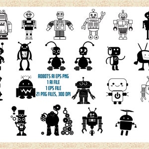 May include: A set of 21 black and white robot illustrations in various poses and styles. The robots are all in a cartoon style and have different features, such as antennas, gears, and lights. The illustrations are perfect for use in digital or printed projects.