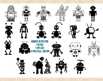 Robot Variety AI EPS (No SVG) & PnG ClipArt, Vector Robots, Robot Clip Art, Steampunk Robot, Robot Outlines, Commercial 0K