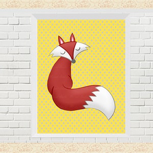 May include: A red fox with a white tip on its tail is curled up on a yellow background with gray polka dots.