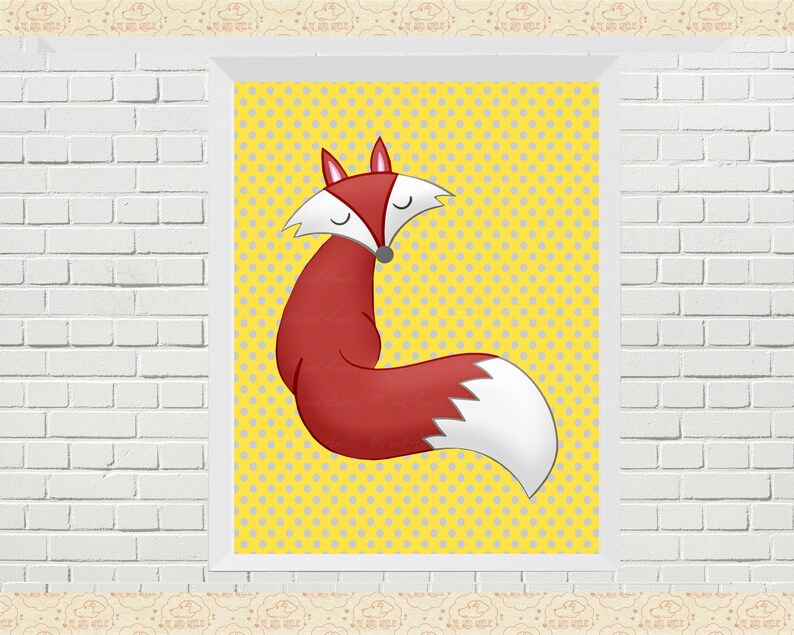 May include: A red fox with a white tip on its tail is curled up on a yellow background with gray polka dots.