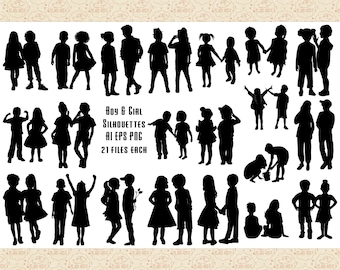 Child Couple Silhouettes AI EPS (Vector) & PNG (No SvG Files) Boy and Girl Couple Silhouettes, Ethnic, Toddlers, Children Playing, Preschool