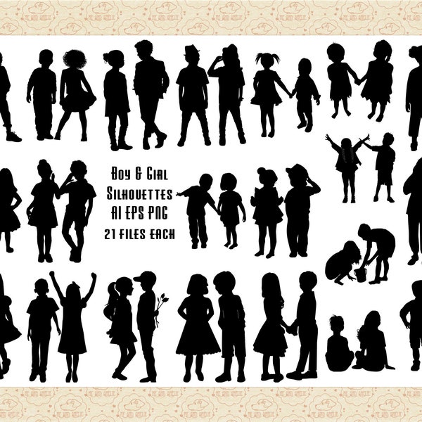 Child Couple Silhouettes AI EPS (Vector) & PNG (No SvG Files) Boy and Girl Couple Silhouettes, Ethnic, Toddlers, Children Playing, Preschool