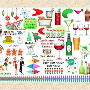 Retro Mid Century Christmas Party ClipArt, Holiday Drinks ClipArt, 1950s Christmas, Atomic Age,1960s Christmas, Retro Holiday, Commercial 0K