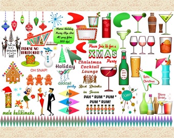 Retro Mid Century Christmas Party ClipArt, Holiday Drinks ClipArt, 1950s Christmas, Atomic Age,1960s Christmas, Retro Holiday, Commercial 0K