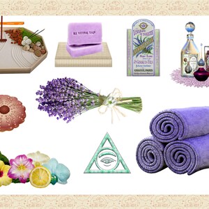 May include: A collection of lavender-themed spa and bath products, including lavender soap, a bouquet of lavender, a lavender-scented candle, and a lavender-colored bath towel.