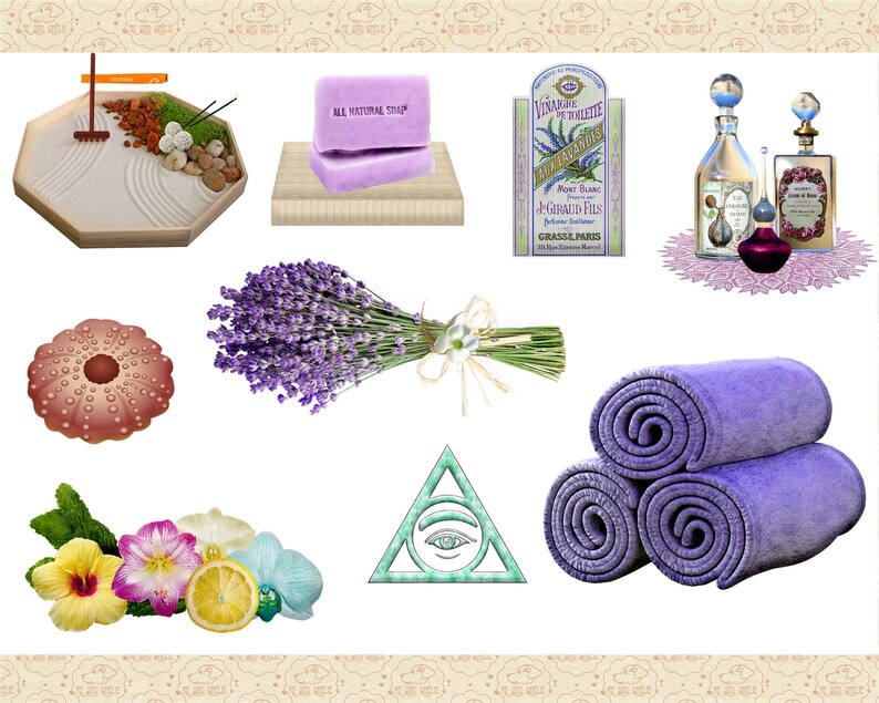 May include: A collection of lavender-themed spa and bath products, including lavender soap, a bouquet of lavender, a lavender-scented candle, and a lavender-colored bath towel.