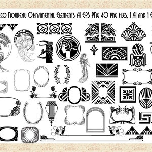 May include: A set of 40 black and white Art Deco and Art Nouveau ornamental design elements. The elements include geometric shapes, floral motifs, and stylised figures. The elements are perfect for use in graphic design, scrapbooking, and other creative projects.