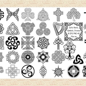 May include: A set of 40 black and white Celtic knot, symbol, and cross vector illustrations. The illustrations include a variety of designs, such as a trinity knot, a shamrock, a tree of life, and a harp. The text "Celtic Knots, Symbols, Crosses AI EPS PNG 40 files ea" is included in the image.