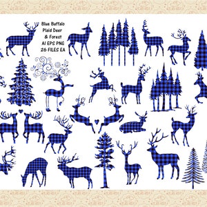 May include: Blue and white plaid buffalo, deer, and forest tree silhouette clip art. 26 files, AI and EPS formats.