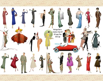 Może przedstawiać: Kolekcja 30 obrazów clipart w stylu vintage retro w formacie PNG. Obrazy przedstawiają osoby w różnych pozach i stylach ubioru z lat 20. XX wieku. Obrazy mają rozdzielczość 300 dpi i idealnie nadają się do użycia w scrapbookingu cyfrowym, tworzeniu kartek i innych projektach kreatywnych.