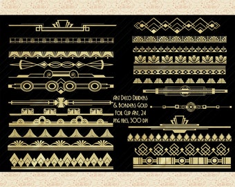 Art Deco Gold Foil Dividers Clip Art, Gold Foil Borders, Gatsby Style Border ClipArt, Wedding, Bridal Shower, Roaring 20s, Party Graphics