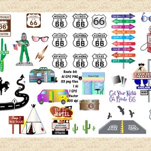 Route 66 AI EPS (No SvG) & PNG, Route 66 Clip Art, Schilder, Roadside Sehenswuerdigkeit, Zeichen der 1960s 1950s, Comm. 0K