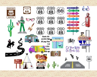 Route 66 Clipart, Vintage Road Trip Graphics, Retro Motel Signs, AI EPS PNG