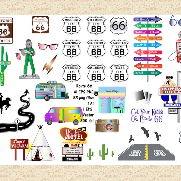 Route 66 AI EPS (No SvG) & PNG, Route 66 Clip Art, Highway 66 Signs, Roadside Attractions, Motel Signs, Road Clip Art, 1960s 1950s, Comm. 0K