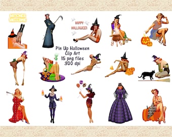 Imágenes prediseñadas de chicas pin-up de Halloween, diseños vintage restaurados (PNG)