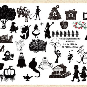 Varias siluetas de cuento de hadas AI EPS PNG, Cenicienta, Jack Beanstalk, Ricitos de oro, 3 cerdos ClipArt, Blancanieves, Alicia en el país de las maravillas, Peter Pan