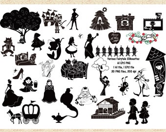 Various Fairytale Silhouettes AI EPS PNG, Cinderella, Jack Beanstalk, Goldilocks, 3 Pigs ClipArt, Snow White, Alice in Wonderland, Peter Pan