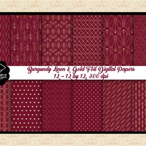 VENDITA 99 CENTS lino bordeaux e carte digitali in lamina d’oro, rosso intenso e oro, carte digitali in lino ricco, modelli Art Déco/Nouveau in lamina d’oro