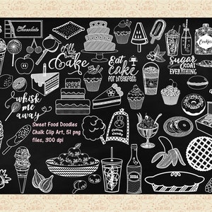 Chalkboard Sweet Food Doodles AI,PNG EPS (No SvG) Cake ClipArt, Cupcakes, Fruit, Pie, Popsicles, Ice Cream, Food WordArt, Commercial 0K