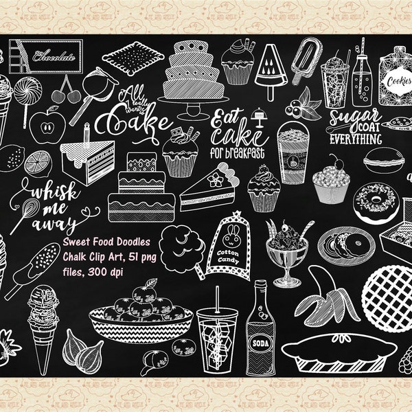 Tafel Sweet Food Doodles AI, PNG EPS (No SvG) Kuchen ClipArt, Cupcakes, Obst, Kuchen, Popsicles, Eis, Essen WordArt, kommerzielle 0K