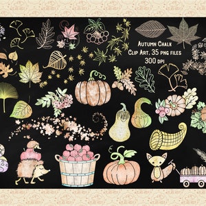 Elementos de giz de outono Clip Art, ClipArt de giz de abóbora, ClipArt de ouriço, ClipArt de folha, Cesta de maçãs, Folhas de bordo, Arte de fazenda de giz