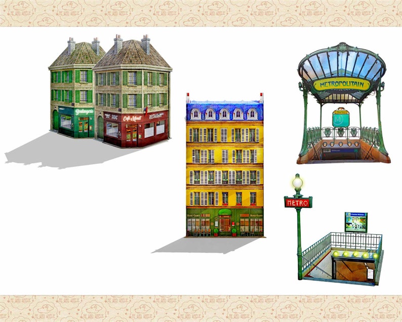May include: A watercolor illustration of Parisian buildings and metro entrances. The illustration features a yellow building with blue accents, a green building with red accents, a green and white metro entrance with the word "METROPOLITAIN" and a green metro entrance with the word "METRO".