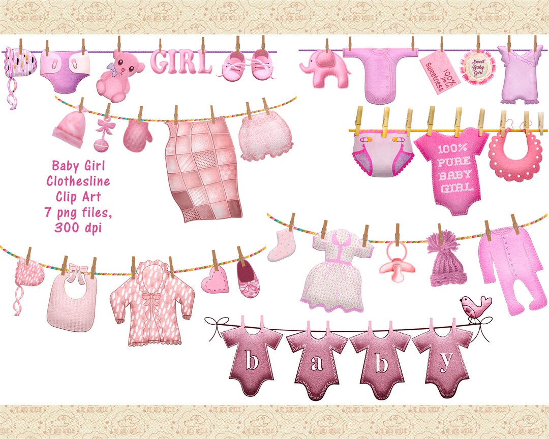 Baby Girls Clothes Line Clip Art, Clothes Hanging to Dry for Baby, Pink