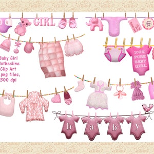 Könnte beinhalten: Rosa Baby-Wäscheleine-Clipart mit 7 Bildern von Babykleidung, darunter ein Strampler, eine Windel, ein Lätzchen, eine Mütze, ein Pullover, ein Kleid und eine Decke. Die Wäscheleine ist mit rosa und weißen Punkten und Wolken verziert.