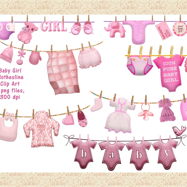 Baby Girls Clothes Line Clip Art, Clothes Hanging to Dry for Baby, Pink Baby Clothes, Baby Shower, Nursery ClipArt, Farmhouse, Commercial OK