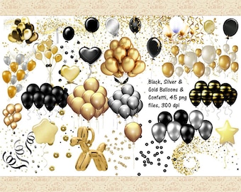 Gold Silver & Black Balloons Clip Art, Streamers, Gold Foil Confetti, Party Graphics, Wedding, New Years, Birthday Clip Art, Celebration