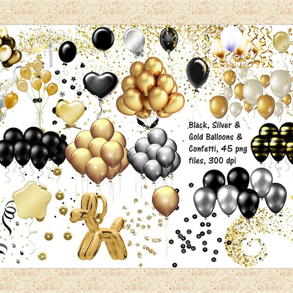 Gold Silver & Black Balloons Clip Art, Streamers, Gold Foil Confetti, Party Graphics, Wedding, New Years, Birthday Clip Art, Celebration