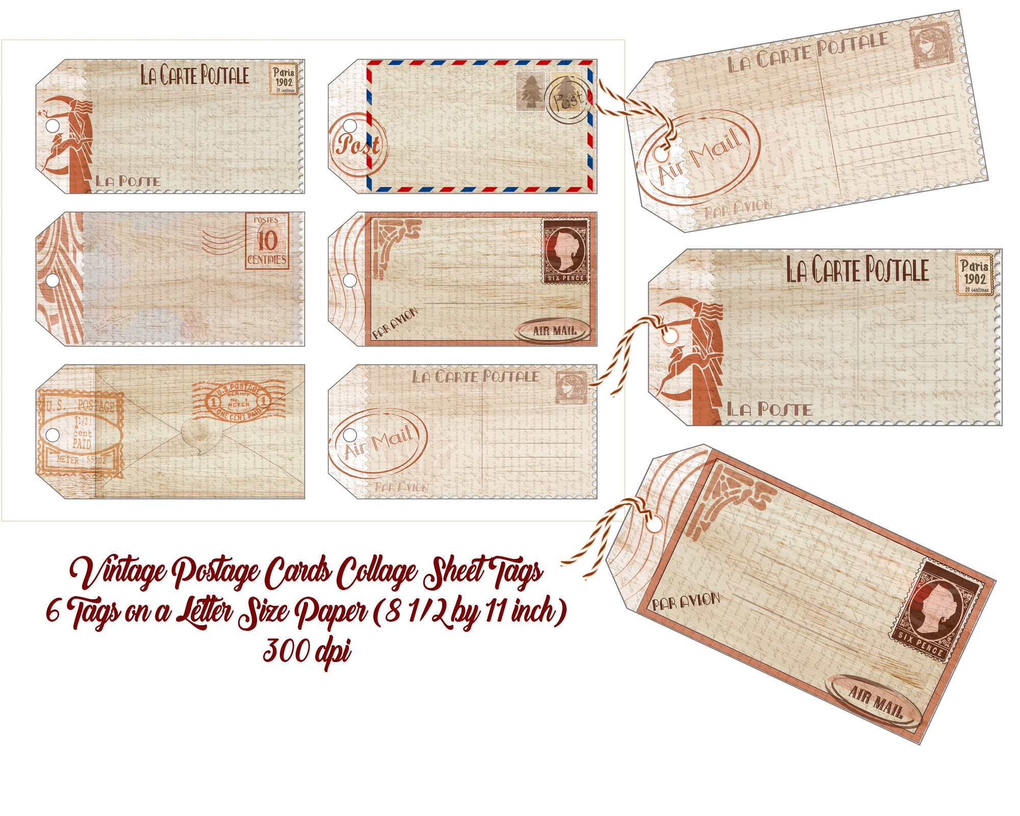 Vintage Postage Ephemera Gift Tag Collage Sheet, Card Making, 6 tags on one Letter Size Paper, Print and Cut, Junk Journals, Commercial OK