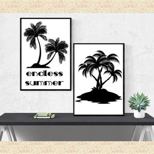 May include: Two black and white framed prints with palm tree silhouettes. The print on the left says "endless summer". The print on the right shows three palm trees on an island.