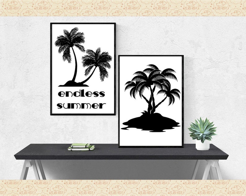 May include: Two black and white framed prints with palm tree silhouettes. The print on the left says "endless summer". The print on the right shows three palm trees on an island.