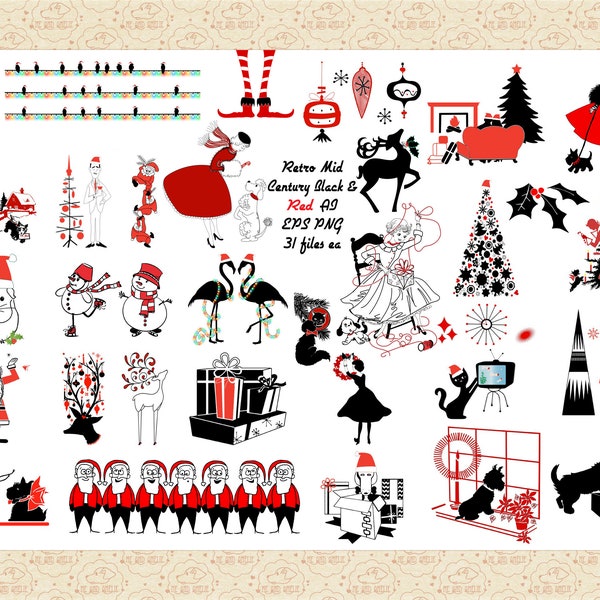Retro Mid Century Christmas AI EPS & PNG files (No SvG) 1950s Christmas, Atomic Age, 1960s Christmas, Retro Christmas Card, Commercial 0K