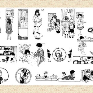 Op de afbeelding: Zwart-wit illustraties van verschillende sc&egrave;nes met kinderen. De illustraties tonen kinderen die spelen, eten en lezen. De illustraties zijn in vintage stijl.