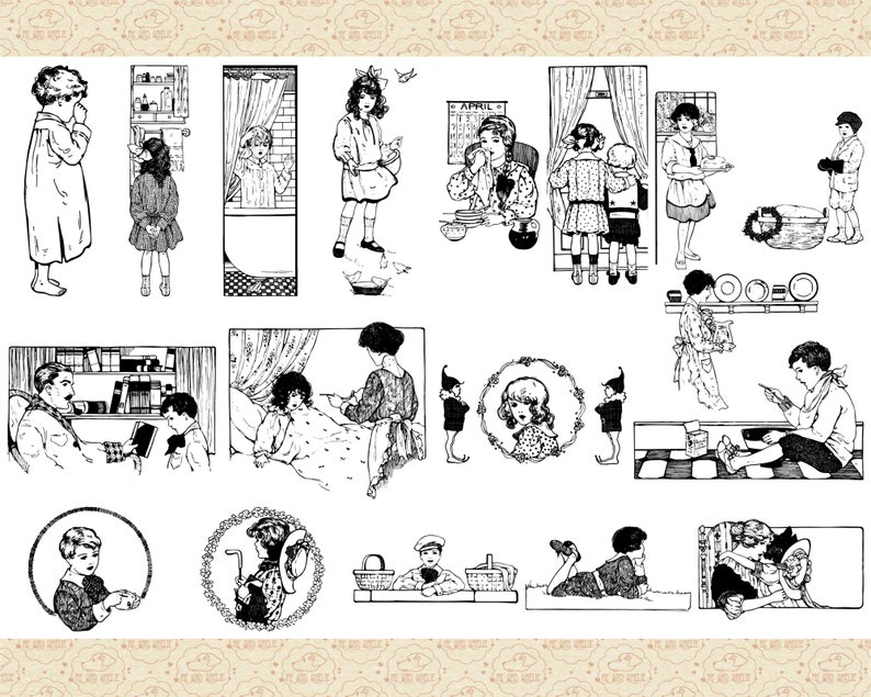Op de afbeelding: Zwart-wit illustraties van verschillende sc&egrave;nes met kinderen. De illustraties tonen kinderen die spelen, eten en lezen. De illustraties zijn in vintage stijl.