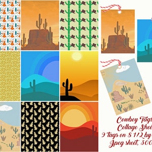 Collage de etiquetas de regalo de vaqueros del oeste, desiertos, EE. UU., regalos de fiesta de vaqueros, 9 etiquetas en papel tamaño carta, para imprimir y cortar, revistas basura, apto para uso comercial