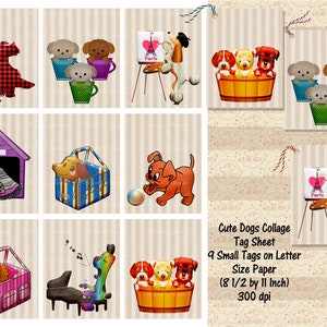Folha de colagem de etiqueta de presente para cães, poodle, Scottie, cachorrinho, confecção de cartão-presente, 9 etiquetas em 1 papel tamanho carta, impressão e corte, diários indesejados, comercial OK