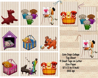 Dogs Gift Tag Collage Sheet, Poodle, Scottie, Puppy,Gift Card Making,9 tags on 1 Letter Size Paper,Print & Cut, Junk Journals, Commercial OK