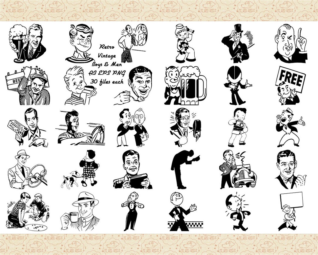 Retro Mid Century Men and Boys AI EPS (vector) PNG (no Svg Files