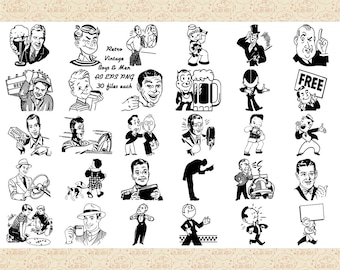 Retro Mid Century Men and Boys AI EPS (Vector) & PNG (No SvG Files) Retro People, 1950s, 1940s, Vintage Ads,Retro Line Art, Men Boys ClipArt