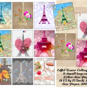 Folha de colagem de etiquetas da Torre Eiffel, coisas efêmeras, confecção de cartão-presente francês, 9 etiquetas em 1 papel tamanho carta, impressão e corte, diários indesejados, comercial OK