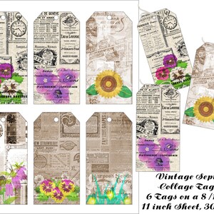 Vintage sepia-advertenties met tags bloemen, retro-advertenties, bloemen, 6 tags op papier van één letter-formaat, Print & Cut, ongewenste tijdschriften, commercieel OK