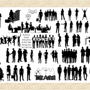 Puede incluir: Ilustraciones en silueta en blanco y negro de personas en varias poses, incluyendo de pie, sentadas y trabajando. Las ilustraciones se agrupan para formar las palabras "BUSINESS" y "TEAM".