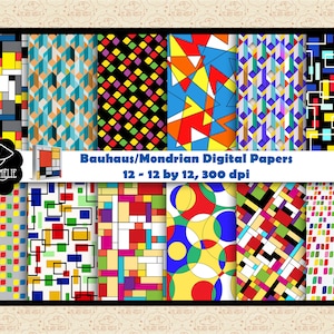 Mondriaan/Bauhaus digitale papieren, abstracte kunstpapieren, kunst- en ambachtsbeweging, primaire kleurenpapieren, geometrische papieren, Mid Century Modern