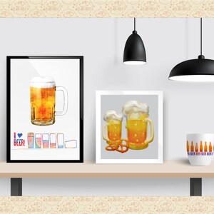 May include: Three framed prints of beer mugs with foam on top. The mugs are filled with a light yellow liquid. The prints are on a wooden shelf with two black pendant lights hanging above. The text "I &hearts; BEER!" is on the left print.