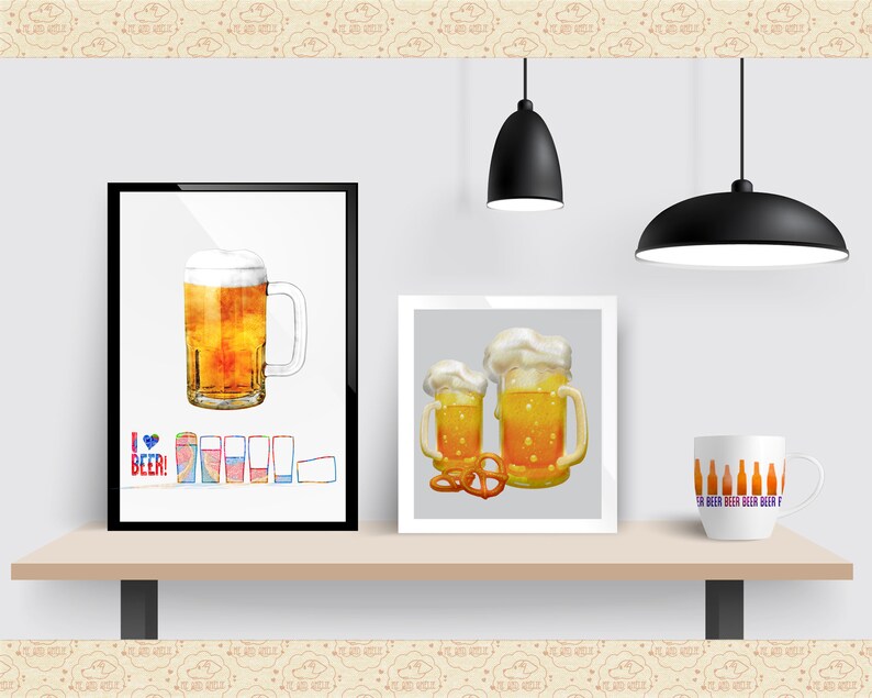 May include: Three framed prints of beer mugs with foam on top. The mugs are filled with a light yellow liquid. The prints are on a wooden shelf with two black pendant lights hanging above. The text "I &hearts; BEER!" is on the left print.